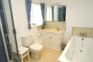 A light and airy bathroom with toilet, sink, shower and bath