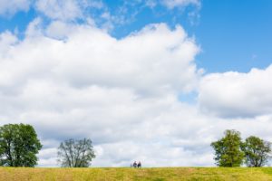 a couple sat on a bench in a field